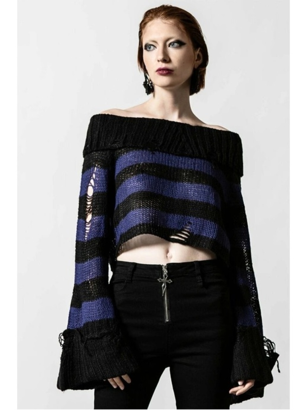 Killstar Black & purple Striped Off-Shoulder Cropped Sweater